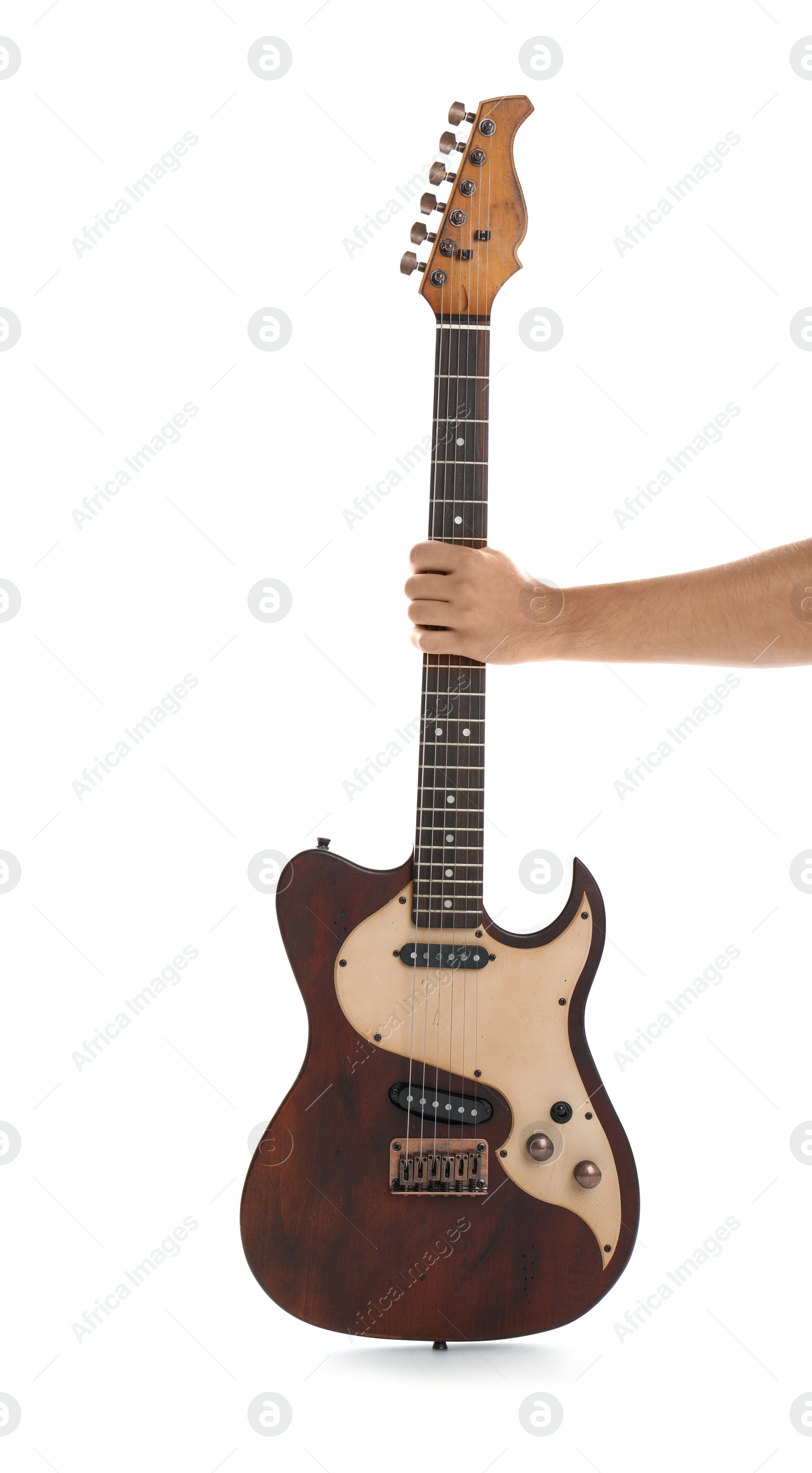 Photo of Man holding electric guitar on white background, closeup