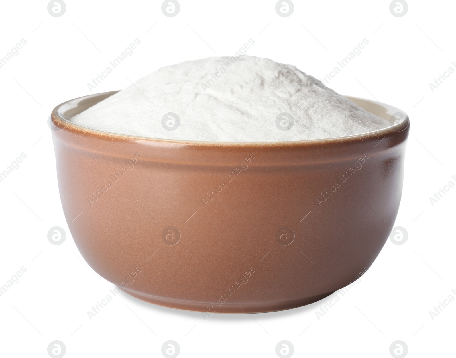 Photo of Baking soda in ceramic bowl isolated on white