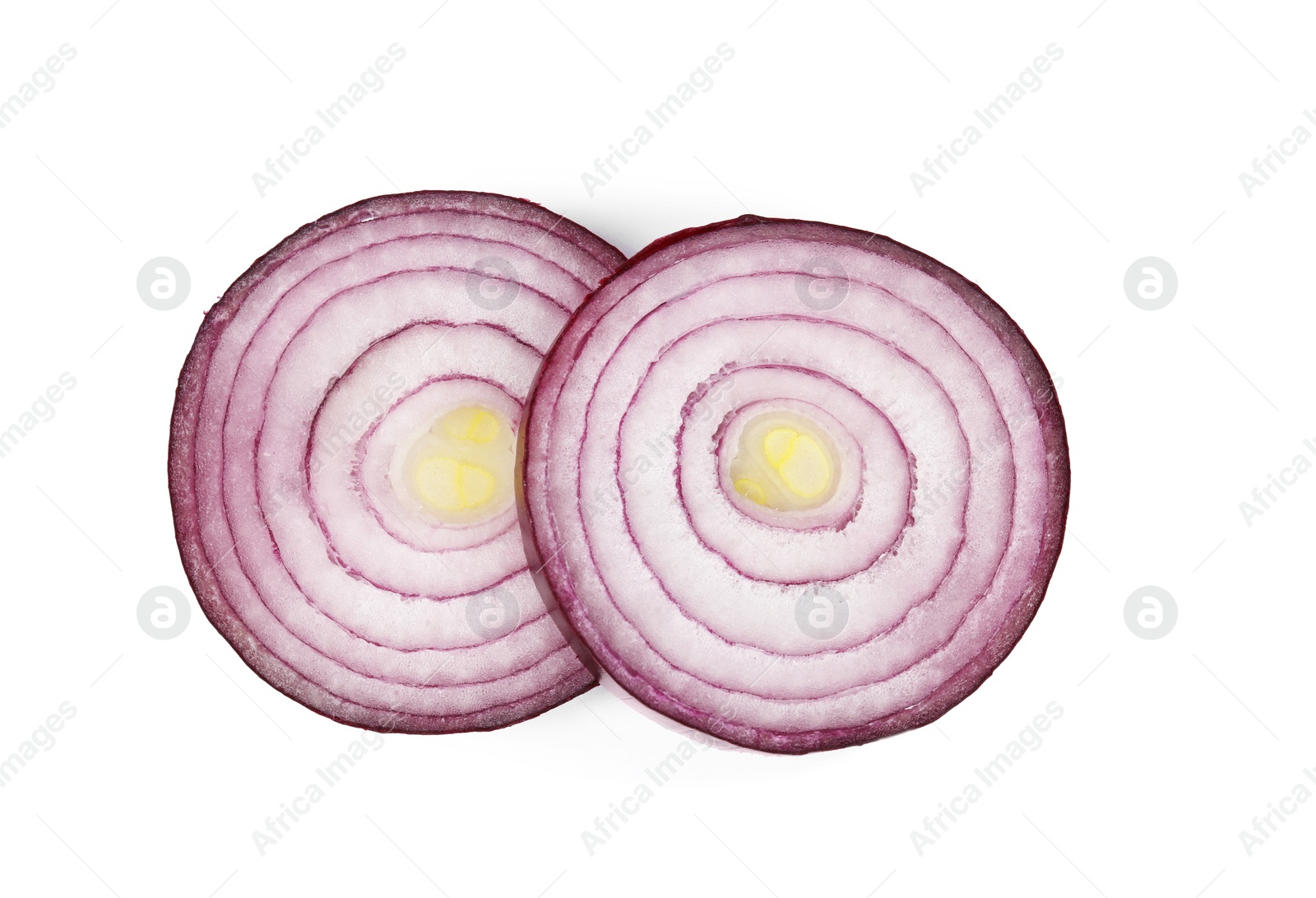 Photo of Fresh slices of red onion on white background, top view