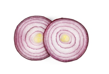 Fresh slices of red onion on white background, top view