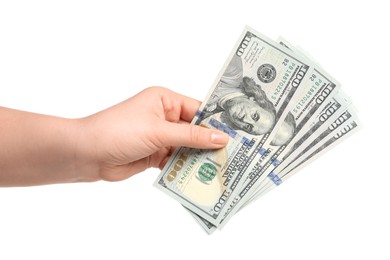 Money exchange. Woman holding dollar banknotes on white background, closeup