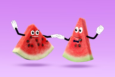 Image of Creative artwork. Cute watermelon slices dancing. Fruit with drawings on violet background