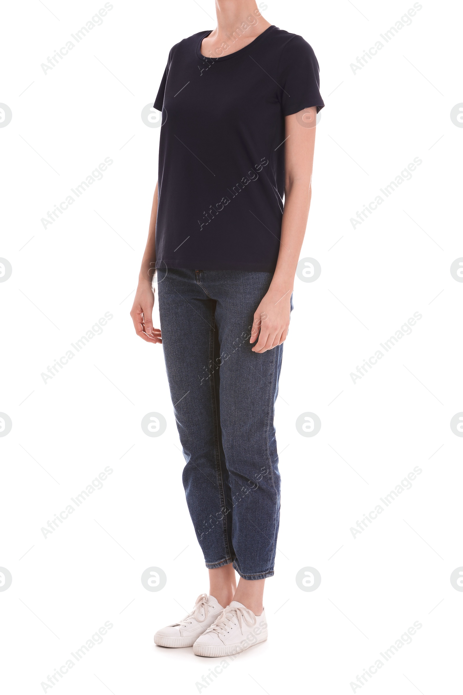 Photo of Young slim woman on white background, closeup. Weight loss