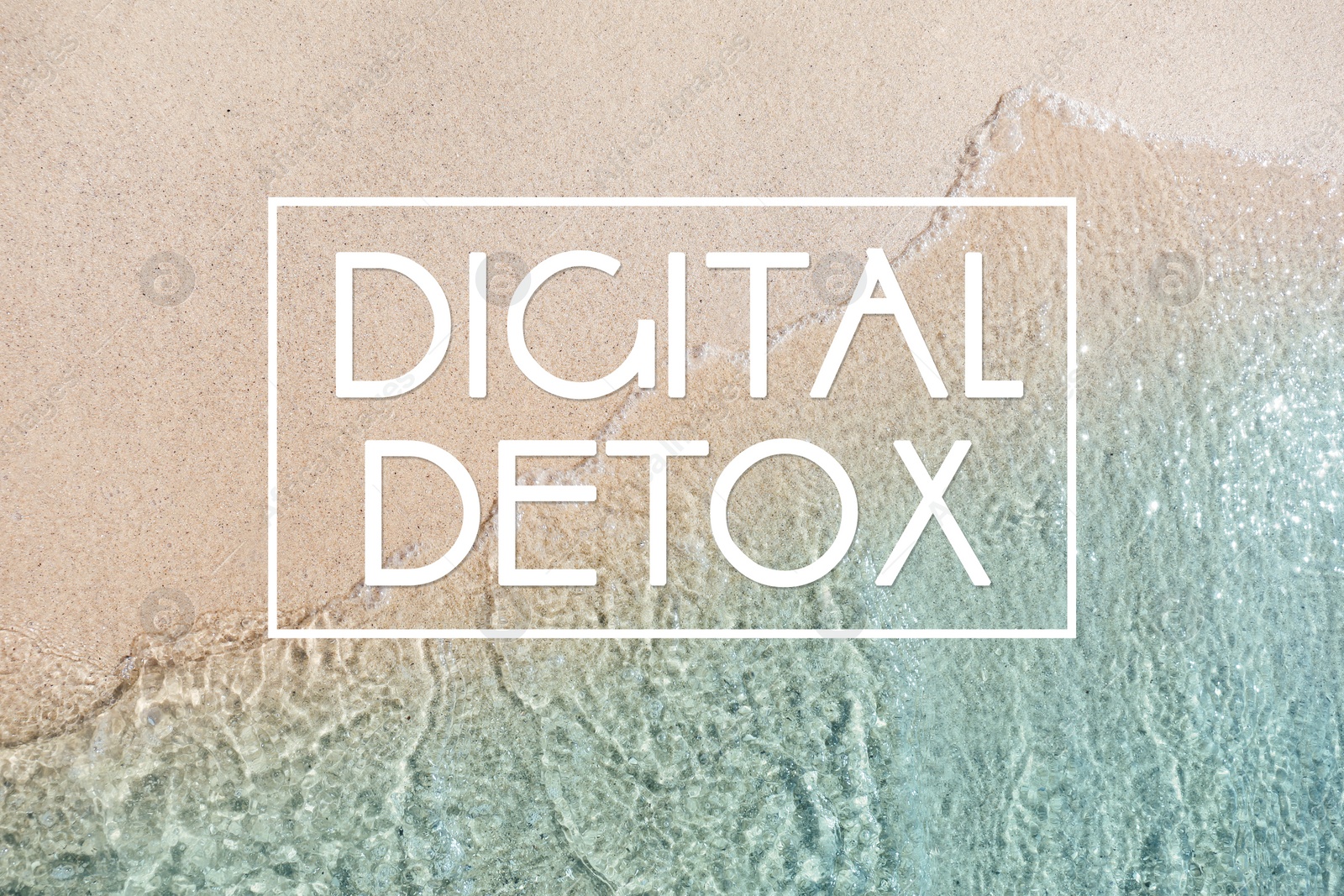 Image of Text Digital Detox and top view of ocean waves rolling on sandy beach as background