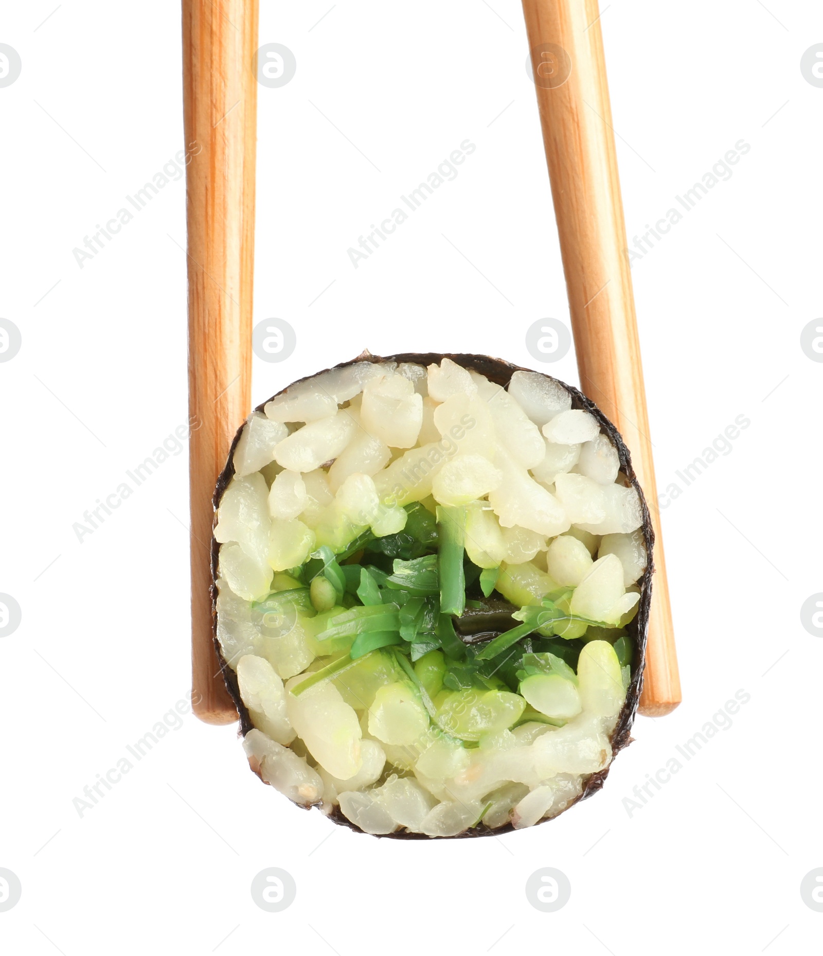 Photo of Chopsticks with tasty fresh sushi roll isolated on white