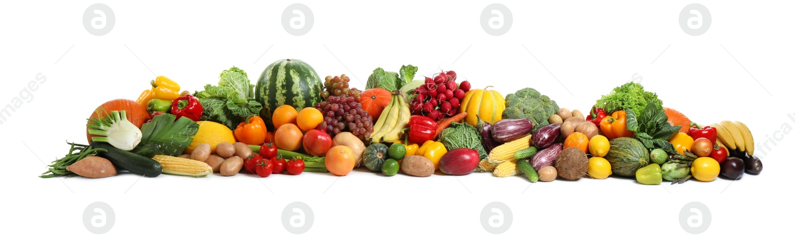 Photo of Assortment of fresh organic fruits and vegetables on white background. Banner design