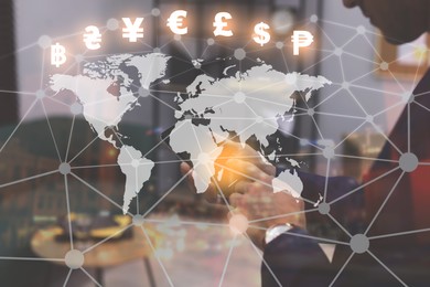 Image of Money exchange. Double exposure of man using smartphone and night cityscape. Different currency symbols, digital world map and scheme
