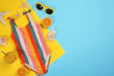 Photo of Flat lay composition with beach objects on color background, space for text