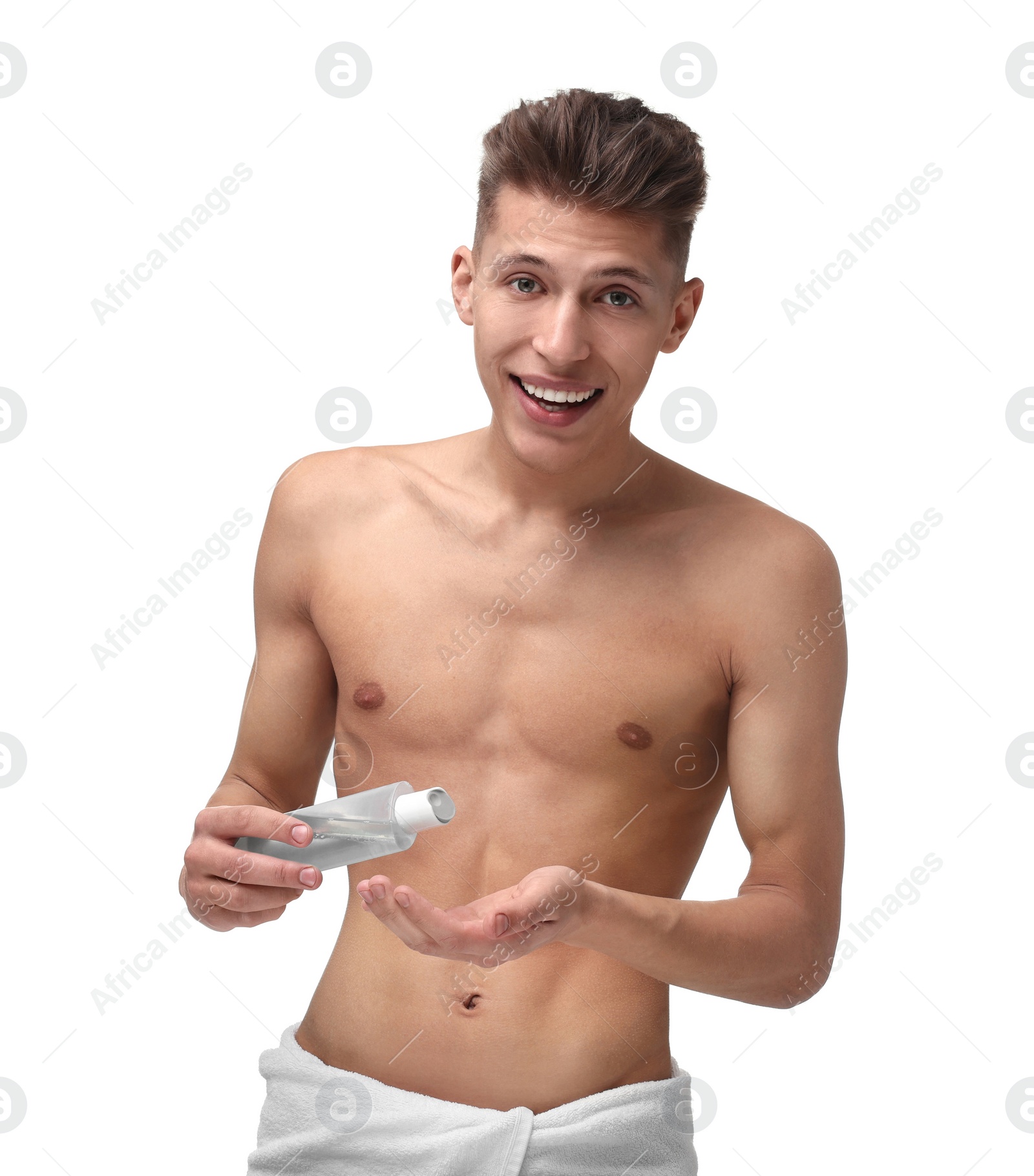 Photo of Handsome man with lotion on white background