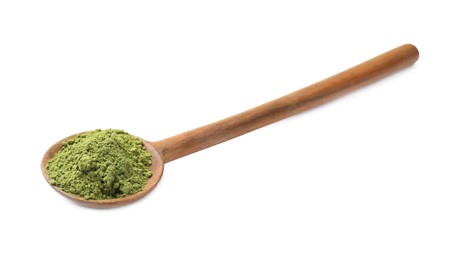 Spoon of green matcha powder isolated on white