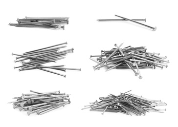 Image of Set with sharp metal nails on white background 