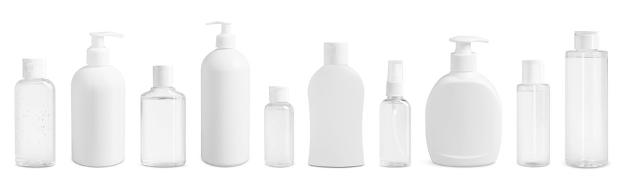 Image of Set of cosmetic bottles with skin care products isolated on white