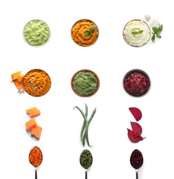 Set with different tasty vegetable puree on white background, top view