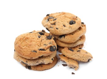 Photo of Tasty chocolate chip cookies on white background