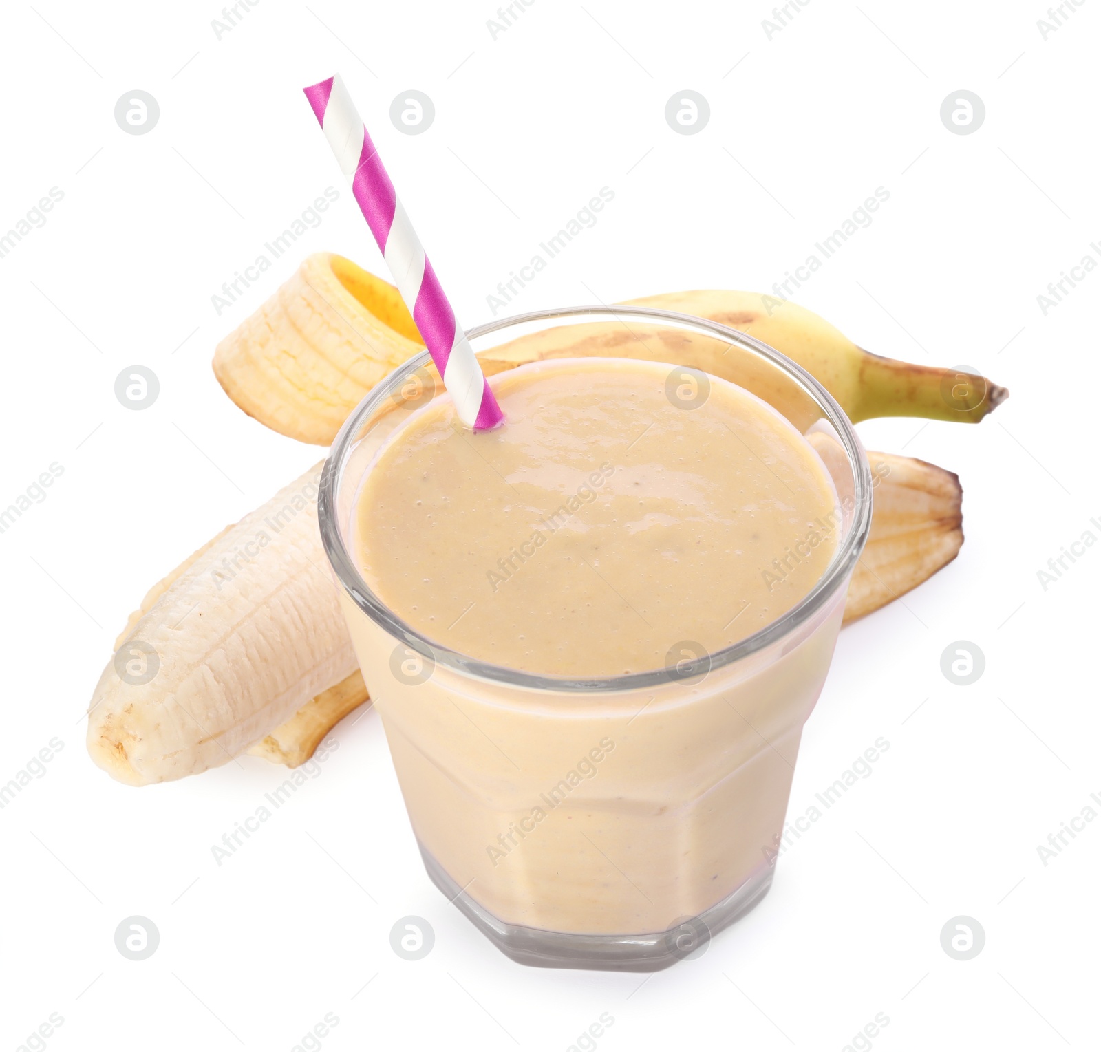 Photo of Glass of tasty banana smoothie with straw and fresh fruit on white background
