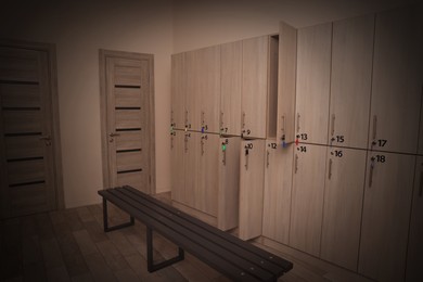 Wooden bench and lockers in changing room interior. Vignette effect