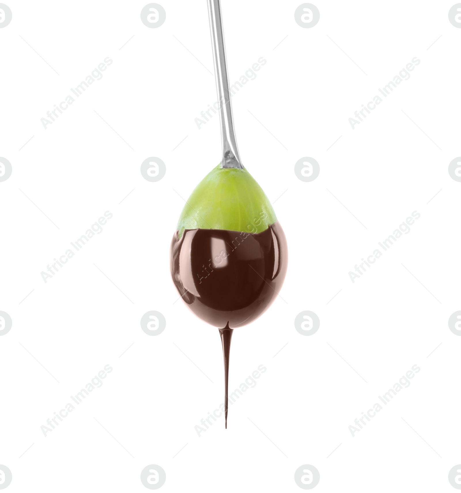 Photo of Tasty grape dipped into chocolate fondue on white background