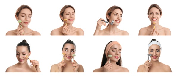 Image of Young women using face rollers on white background, collage. Banner design