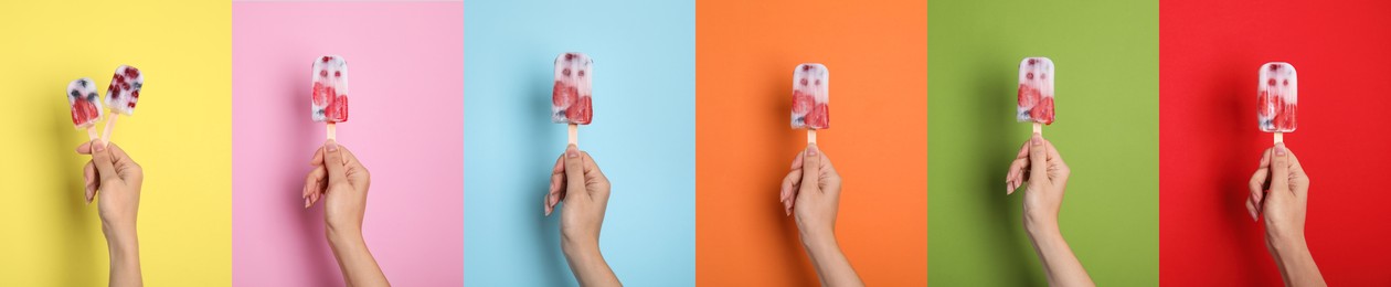 Collage with photos of woman holding berry ice popsicles on different color backgrounds, closeup. Banner design