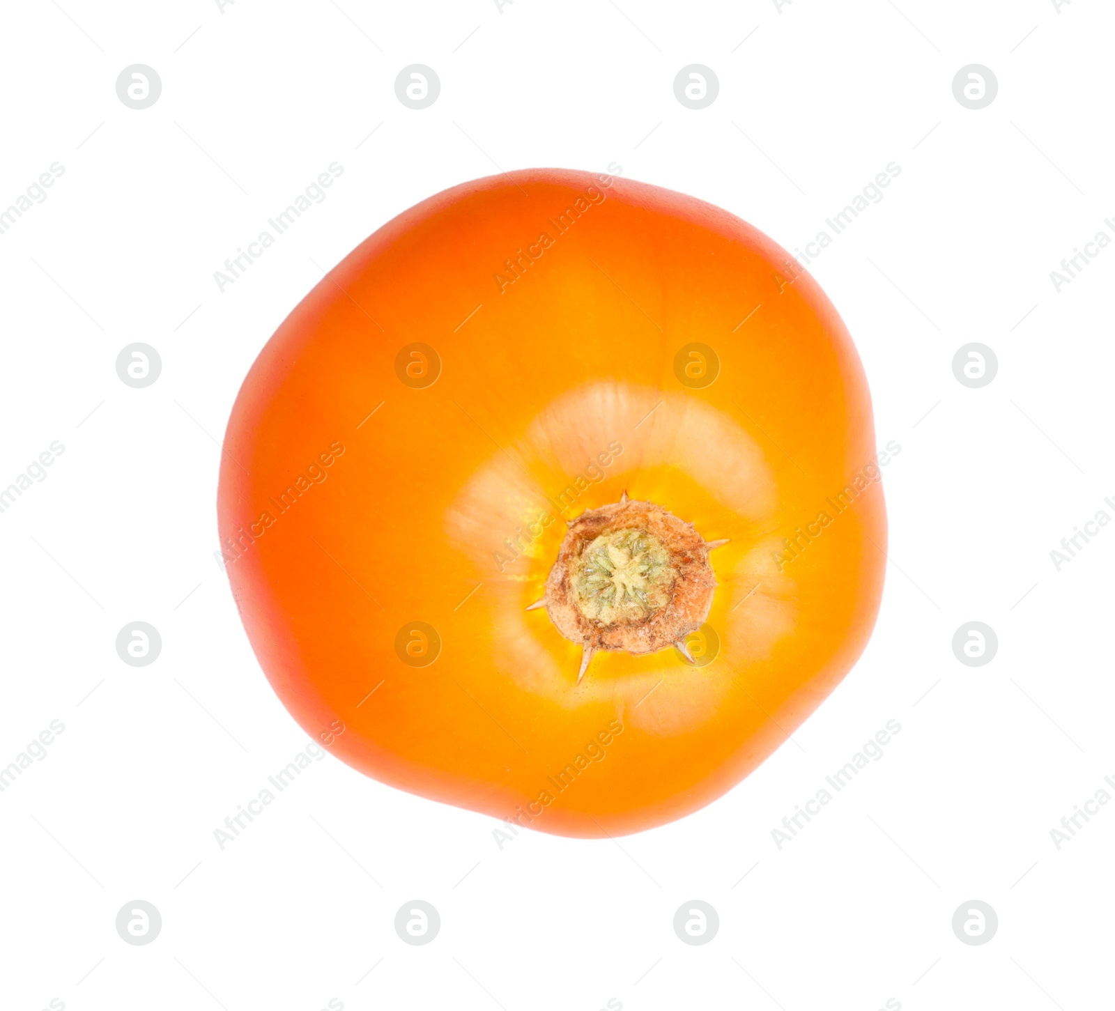 Photo of Whole ripe yellow tomato isolated on white, top view