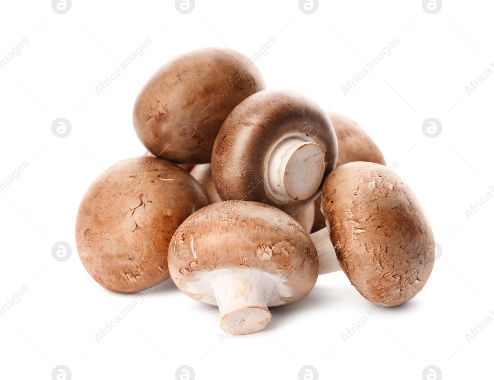 Photo of Fresh champignon mushrooms isolated on white. Healthy food