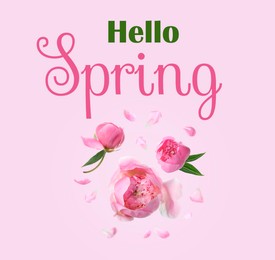 Image of Hello Spring card design with beautiful peonies on pink background