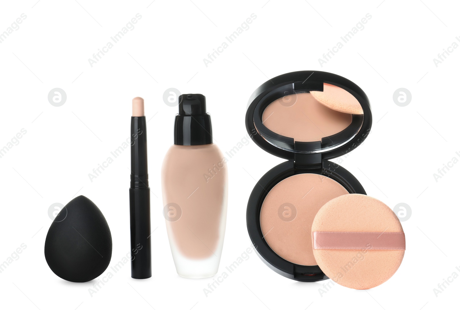 Photo of Composition with skin foundation and powder on white background