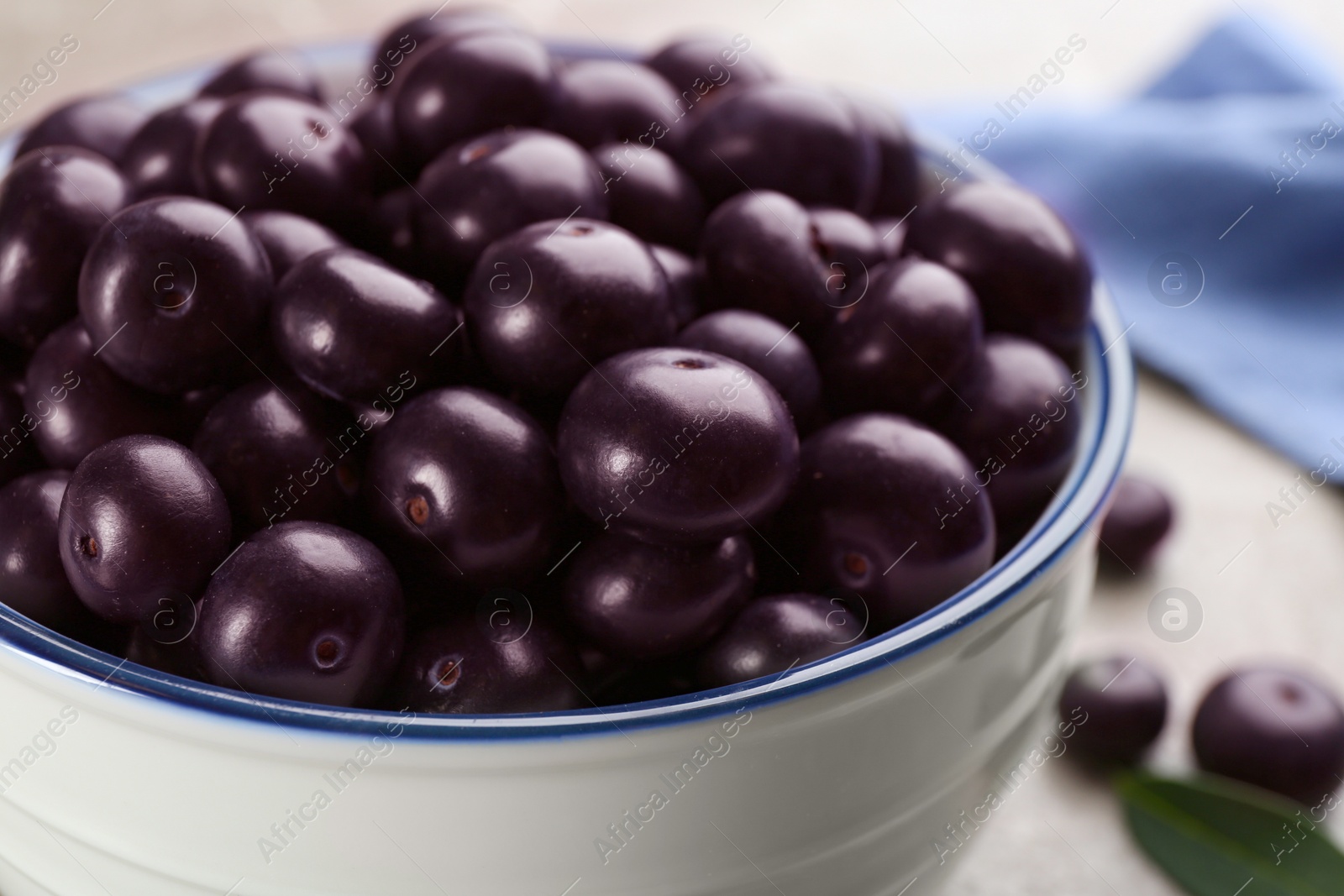 Photo of Fresh acai berries in bowl, closeup view