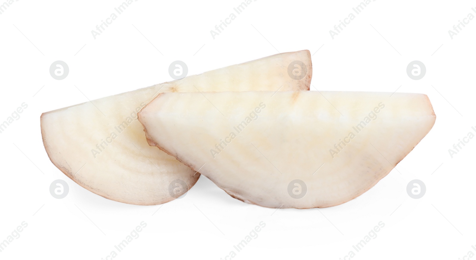 Photo of Pieces of sugar beet on white background