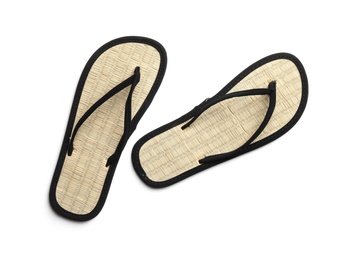 Photo of Pair of stylish flip flops on white background, top view