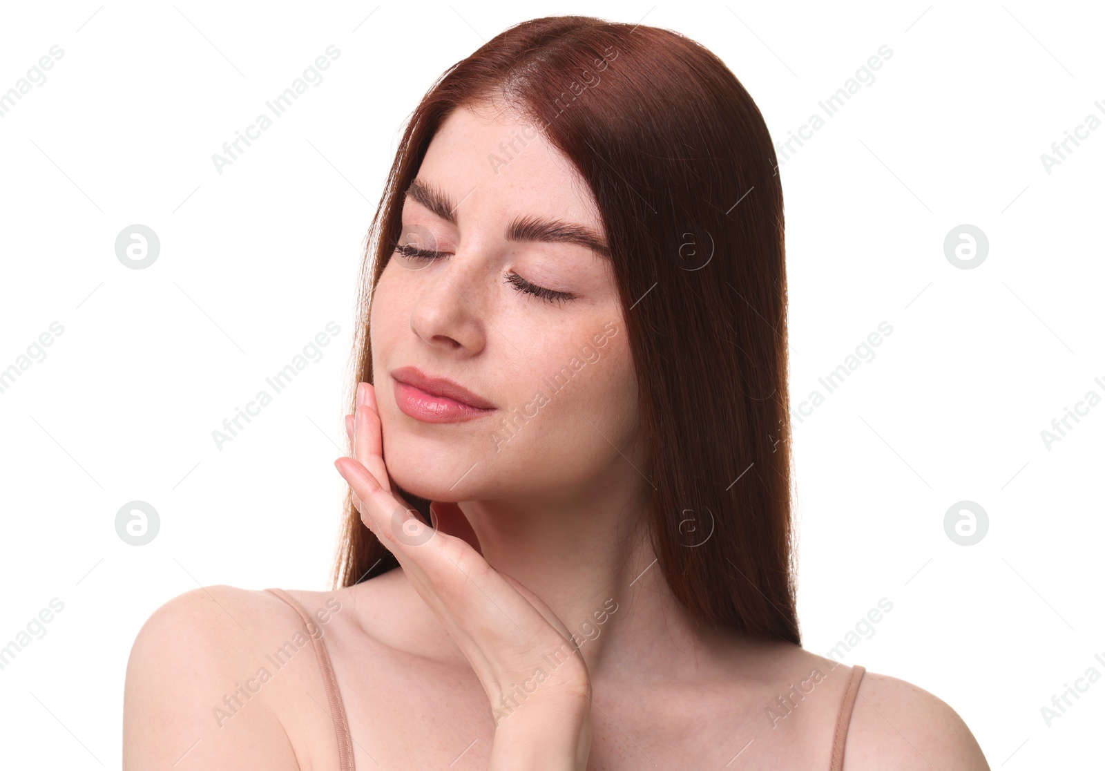 Photo of Portrait of beautiful woman on white background