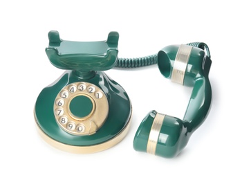 Elegant vintage green telephone isolated on white