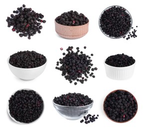 Image of Set with freeze dried blueberries on white background