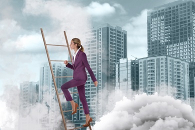 Businesswoman climbing up ladder and cityscape on background. Career promotion concept
