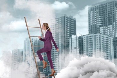 Image of Businesswoman climbing up ladder and cityscape on background. Career promotion concept