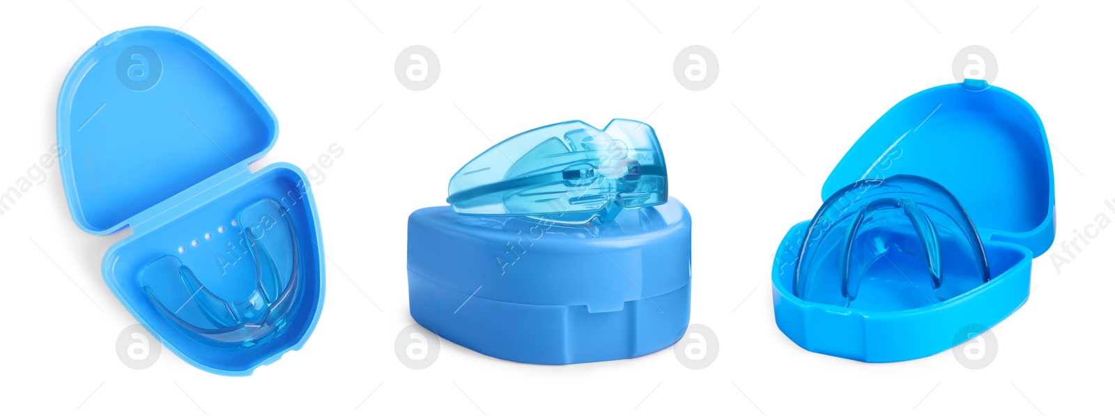 Image of Set with mouth guards on white background, banner design. Bite correction treatment