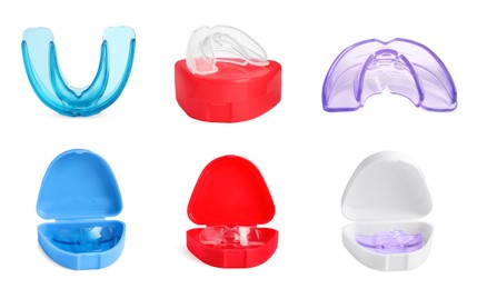 Image of Set with different mouth guards on white background. Bite correction treatment