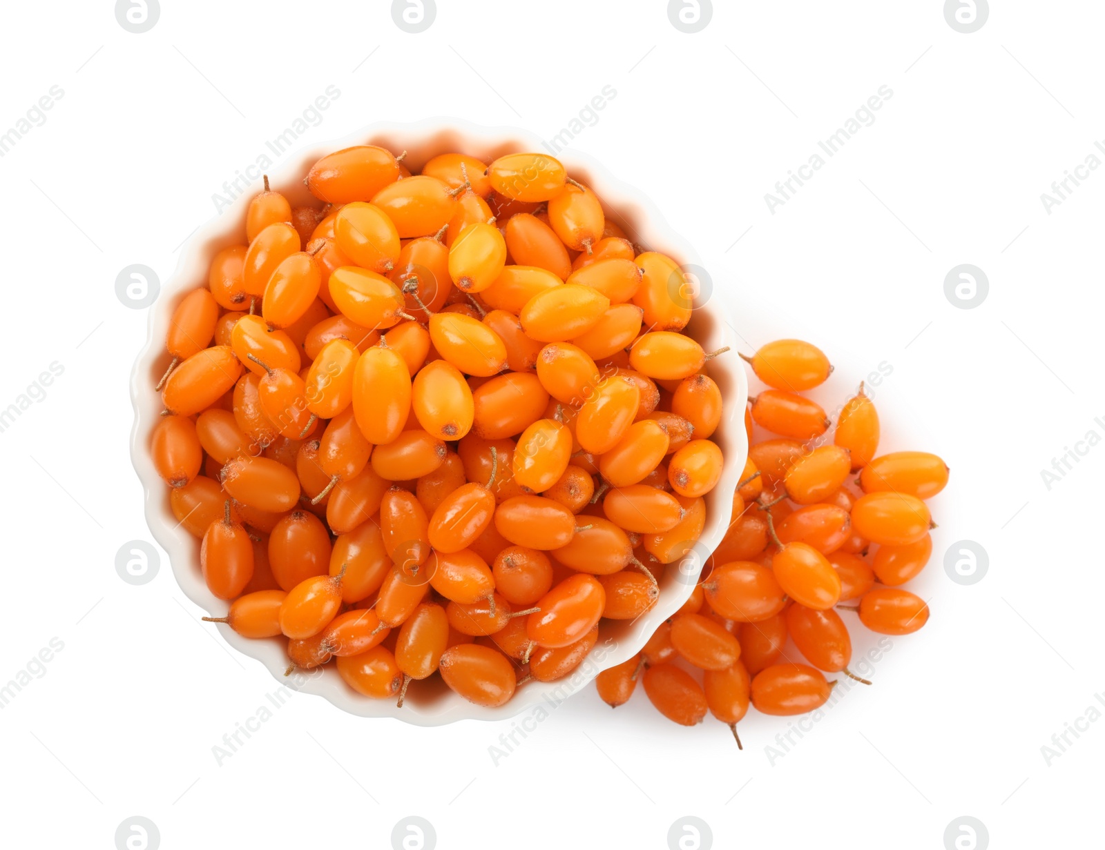 Photo of Bowl with fresh ripe sea buckthorn berries on white background, top view