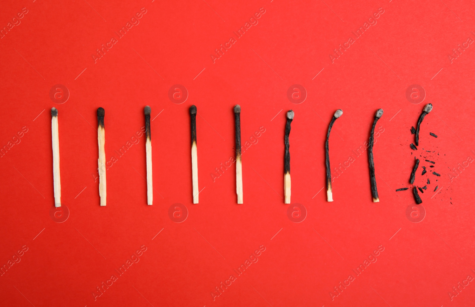 Photo of Different stages of burnt matches on red background, flat lay