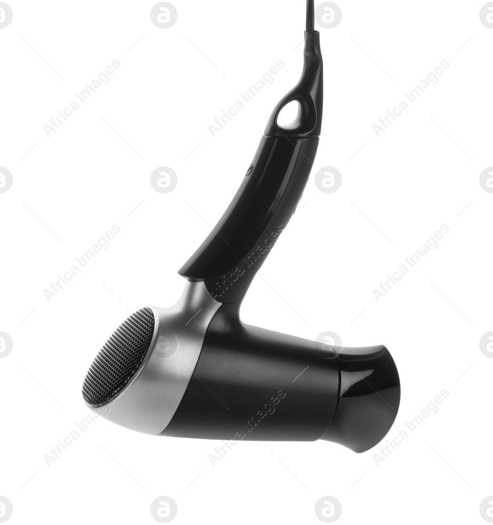 Photo of Modern hair dryer isolated on white. Professional hairdresser tool