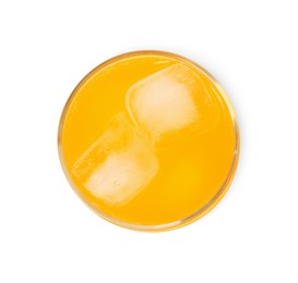 Glass of orange soda water with ice cubes isolated on white, top view