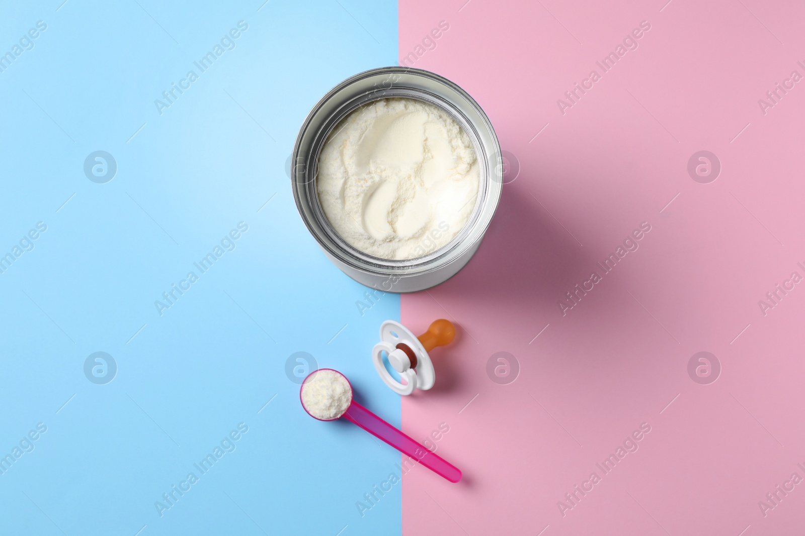 Photo of Flat lay composition with powdered infant formula on color background. Baby milk