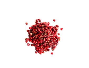 Photo of Heap of red peppercorns isolated on white, top view