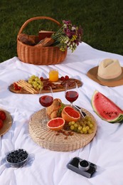 Photo of Delicious food and wine served for summer picnic on plaid outdoors