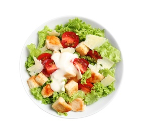 Image of Delicious fresh Caesar salad on white background, top view