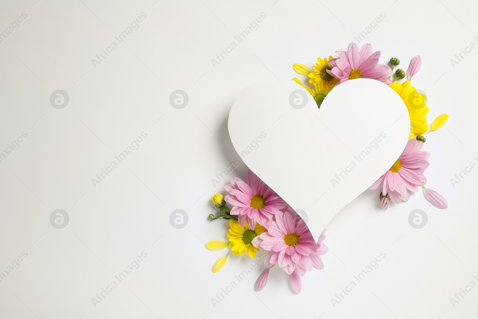 Photo of Beautiful chamomile flowers and heart shaped paper card on white background, flat lay with space for text