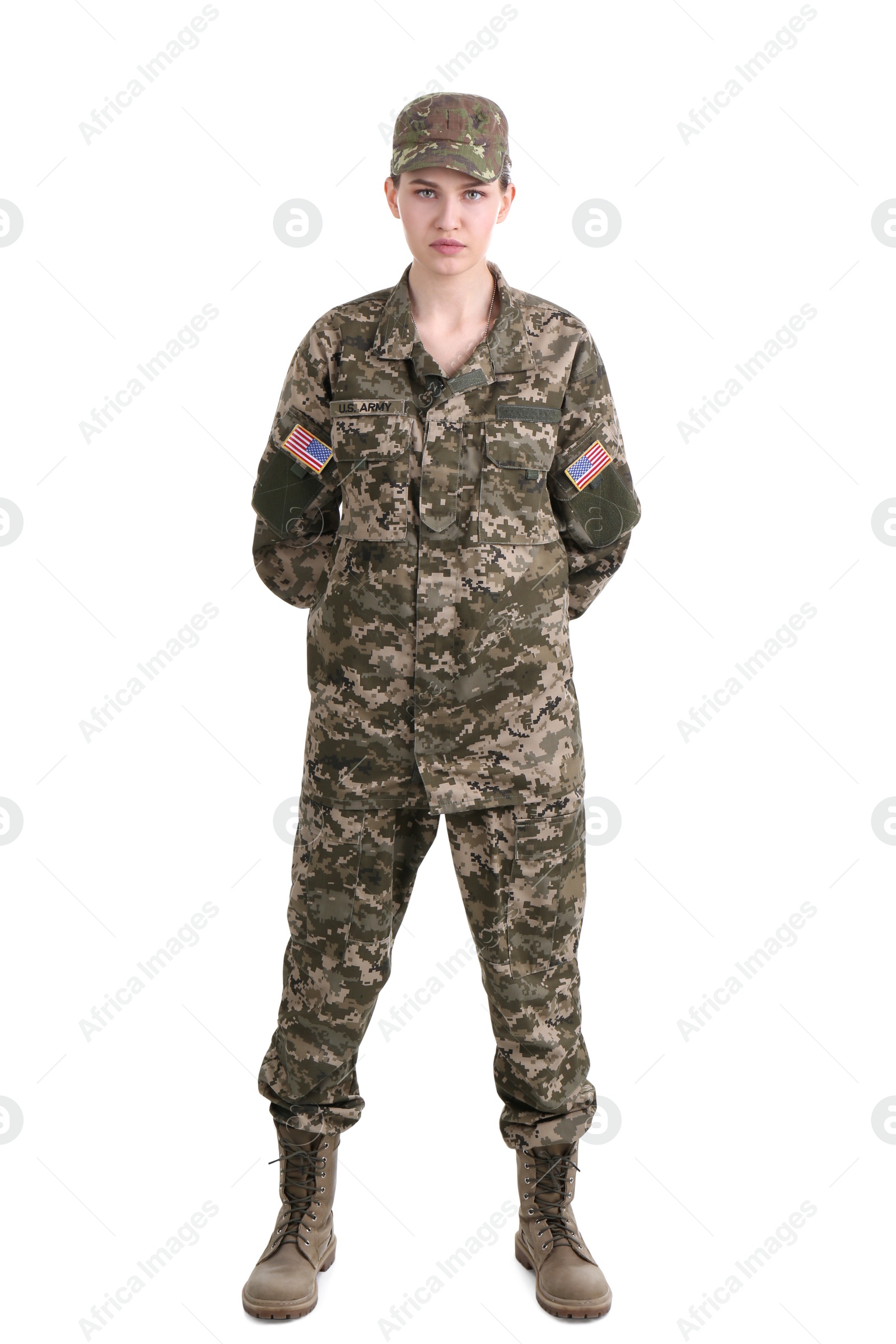 Photo of Female soldier on white background. Military service