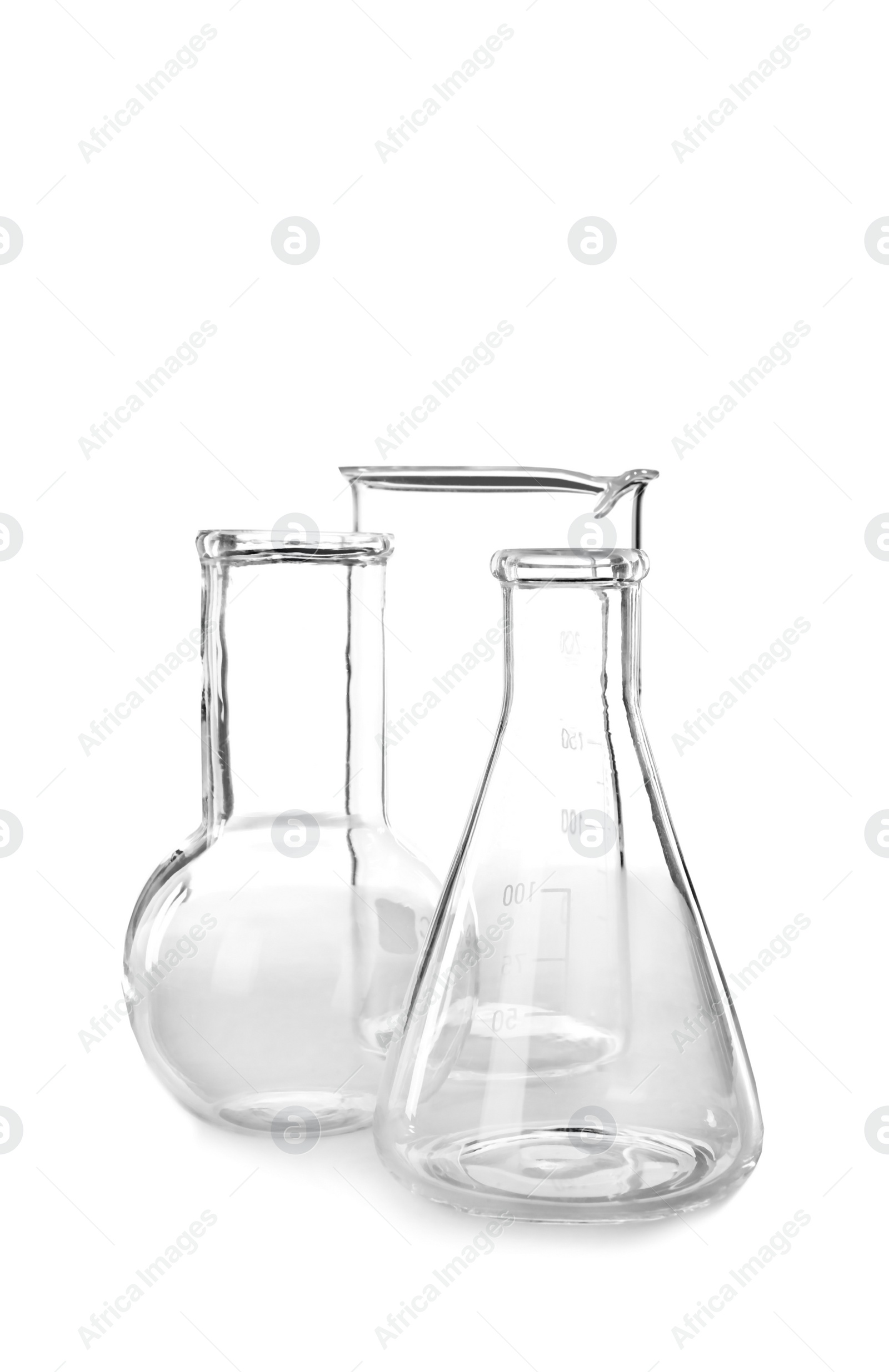 Photo of Empty flasks on white background. Laboratory analysis equipment