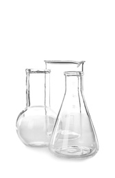 Empty flasks on white background. Laboratory analysis equipment