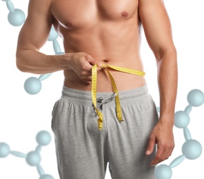 Image of Metabolism concept. Man with slim body on white background, closeup 